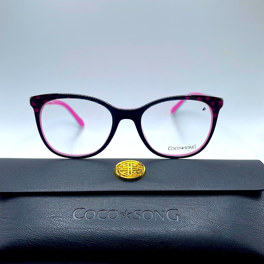 NWOT. Coco Song women’s Optical frames. Black and purple feathers and turquoise